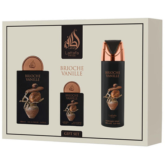 Lattafa Perfumes Brioche Vanille Gift Set EDP 100 ml, EDP 20 ml and deospray 200 ml